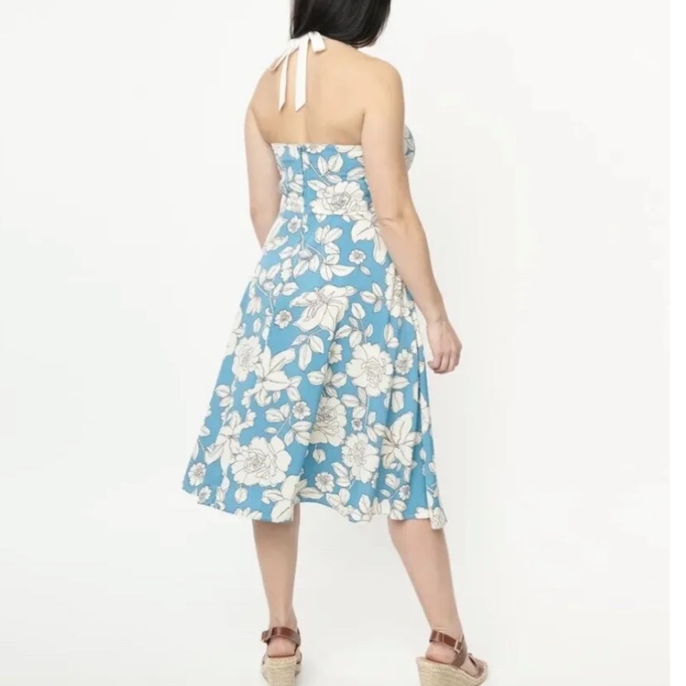 Unique Vintage blue & white floral bouquet swing halter dress size 1X/16 pockets - Picture 2 of 13